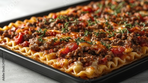Delicious homemade lasagna with layers of pasta, meat sauce, and herbs, freshly baked in a kitchen