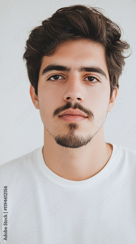 Portrait of a Hispanic man with a goatee wavy hair and a casual white T-shirt on a white background. Portrait of a Hispanic man with a goatee wavy hair and a casual white T-shirt on a white background.