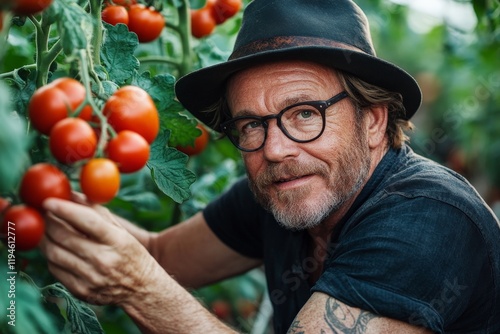 A man wearing glasses and a hat picks ripe tomatoes from lush plants, embodying a blend of dedication and connection to nature in a flourishing garden scene. photo