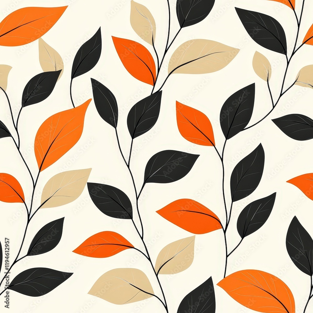 Abstract Botanical Pattern Featuring Leaves in Shades of Orange, Black, and Beige on a Light Background for Modern Design Projects Abstract Botanical Pattern Featuring Leaves in Shades of Orange, Black, and Beige on a Light Background for Modern Design Projects