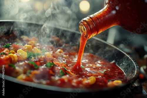 A bottle of hot sauce is poured over a plate of noodles