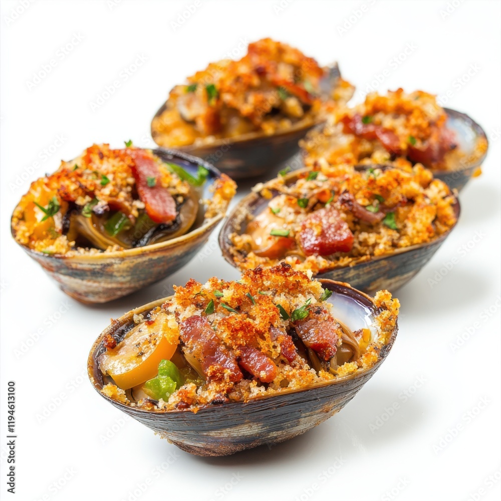 Fresh clams baked with a mixture of crispy bacon Fresh clams baked with a mixture of crispy bacon