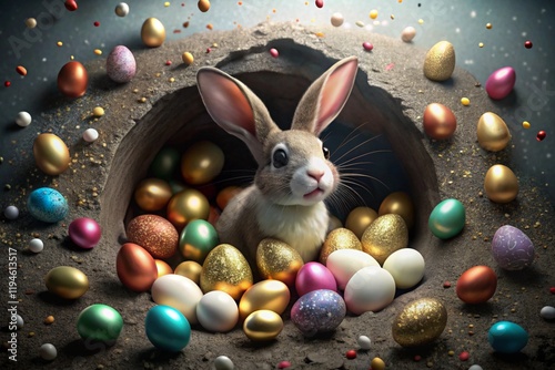 A holiday banner. A cute Easter bunny is peeking out of a hole with colorful eggs all around. The concept of a happy Easter. photo