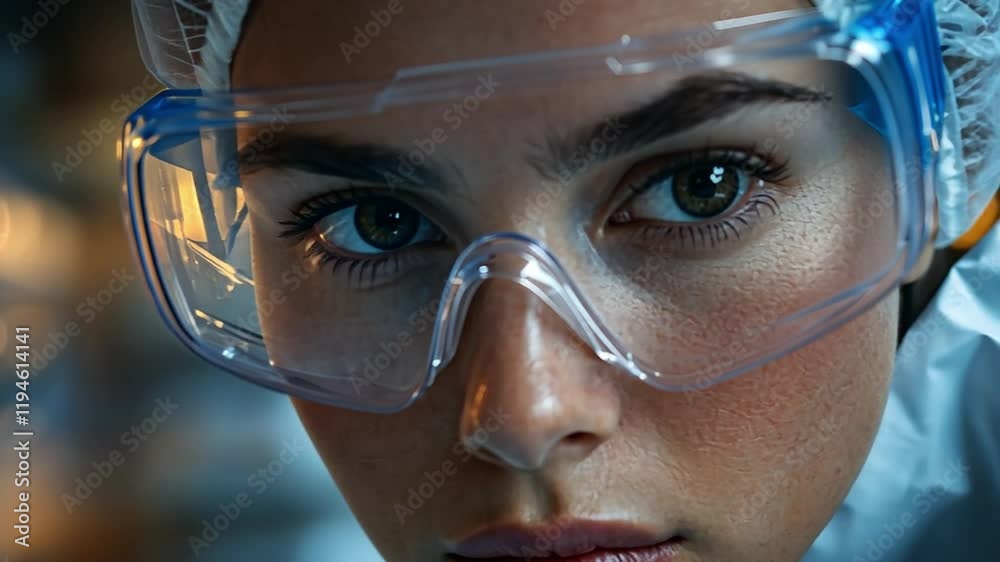 Focused Scientist: Close-up portrait of a female scientist wearing safety glasses, her intense gaze reflecting determination and concentration in a modern laboratory setting. Focused Scientist: Close-up portrait of a female scientist wearing safety glasses, her intense gaze reflecting determination and concentration in a modern laboratory setting.