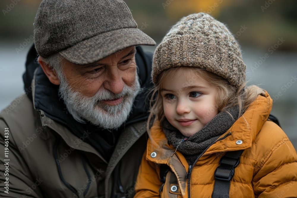 An older man and young girl sit along a river, bundled in cozy clothing. They enjoy a shared moment, reflecting serene autumn vibes and familial love. An older man and young girl sit along a river, bundled in cozy clothing. They enjoy a shared moment, reflecting serene autumn vibes and familial love.