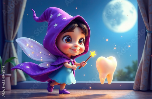 tooth fairy. cartoon character on the windowsill at night