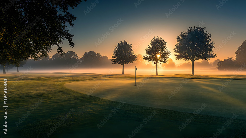 Serene golf course landscape at sunrise with soft mist, flag on the green, and calm lake surrounded by trees. Generative AI Serene golf course landscape at sunrise with soft mist, flag on the green, and calm lake surrounded by trees. Generative AI