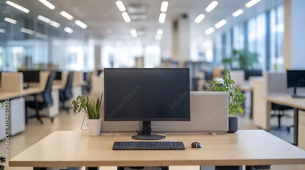 Modern office workspace with computer, keyboard, mouse, and plants on desk.