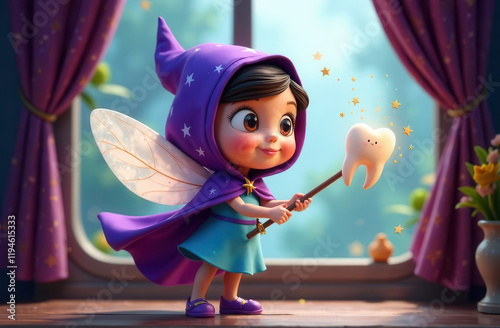 tooth fairy. cartoon character on the windowsill at night