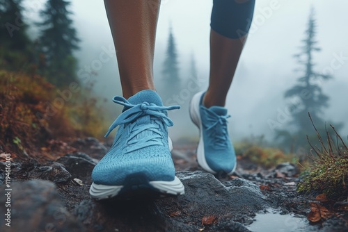 A hiker, wearing blue shoes, navigates a rugged, foggy mountain trail, embodying the adventurous spirit and resilience of exploring breathtaking natural landscapes.