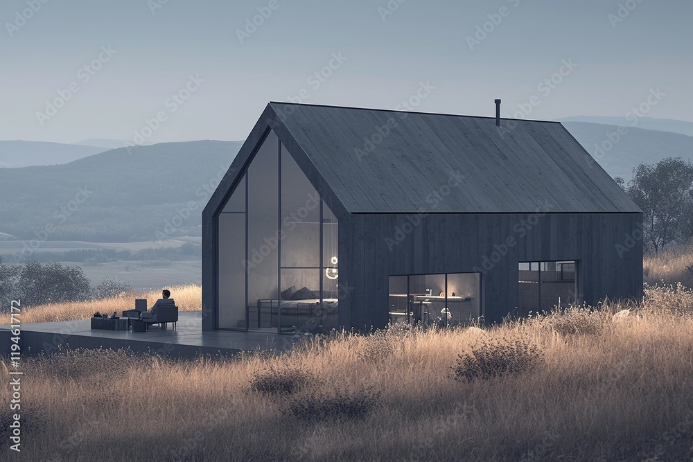 Modern minimalist black house on hilltop with person relaxing. Modern minimalist black house on hilltop with person relaxing.