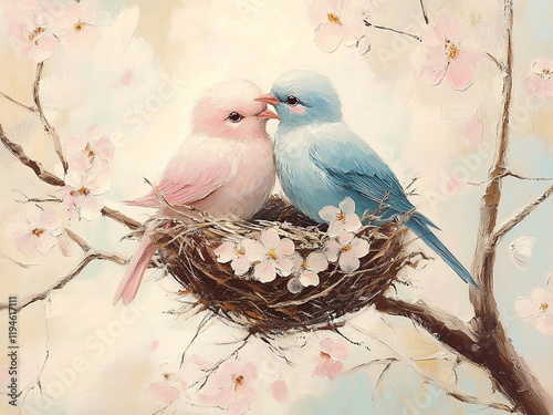 Valentines Day Lovebirds Cherry Blossoms