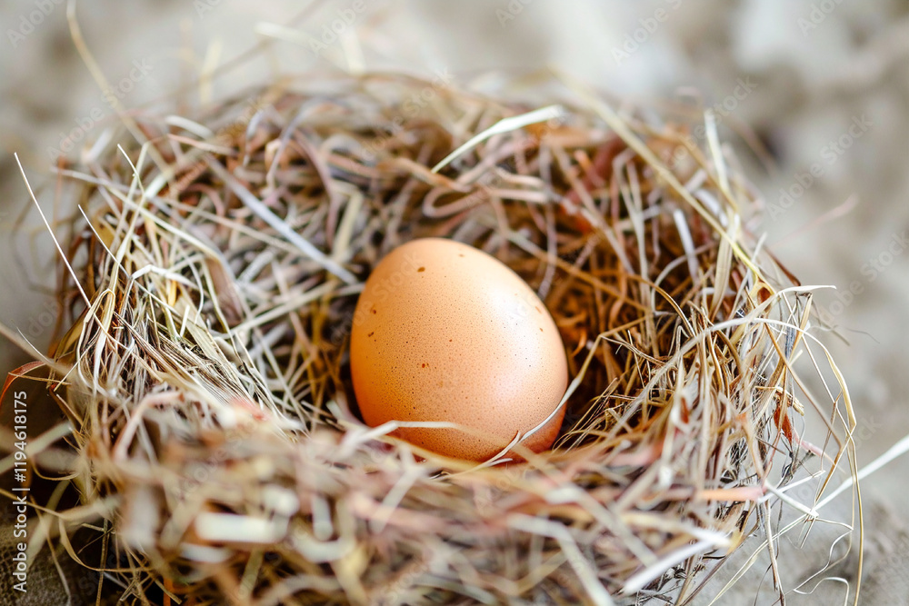 A single brown egg rests in a natural straw nest, symbolizing simplicity and new beginnings. A single brown egg rests in a natural straw nest, symbolizing simplicity and new beginnings.