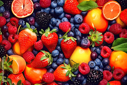 Fruit and berry background: strawberries, raspberries, blackberr photo