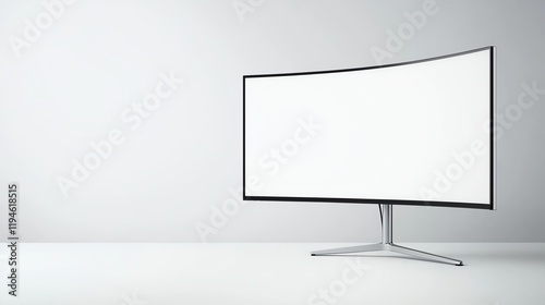 Modern curved monitor on minimalist white desk, showcasing sleek design and advanced display for tech enthusiasts and professionals. photo