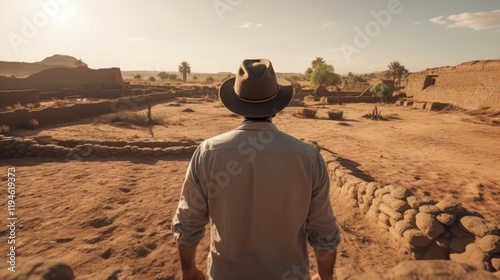 A male archaeologist stands in front of the excavations of an an photo