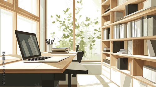 Wallpaper Mural Sunlit home office with laptop, bookshelves, and large window. Torontodigital.ca