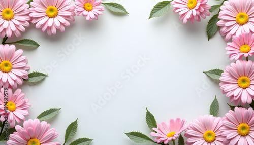 Daisy floral frame with pink flowers and green leaves on a light background
