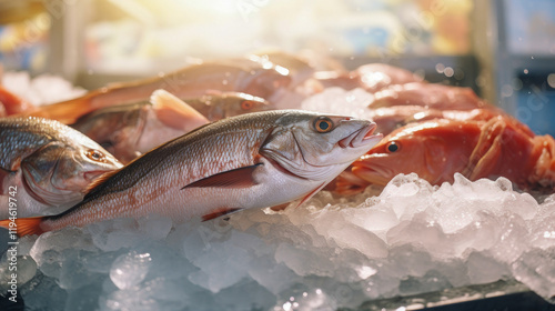 A counter with large fresh fish and exotic seafood on ice in a s photo