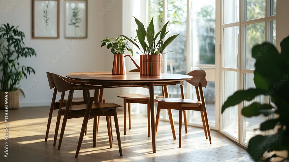 Sunlit dining room with wooden table, chairs, and potted plants. Sunlit dining room with wooden table, chairs, and potted plants.