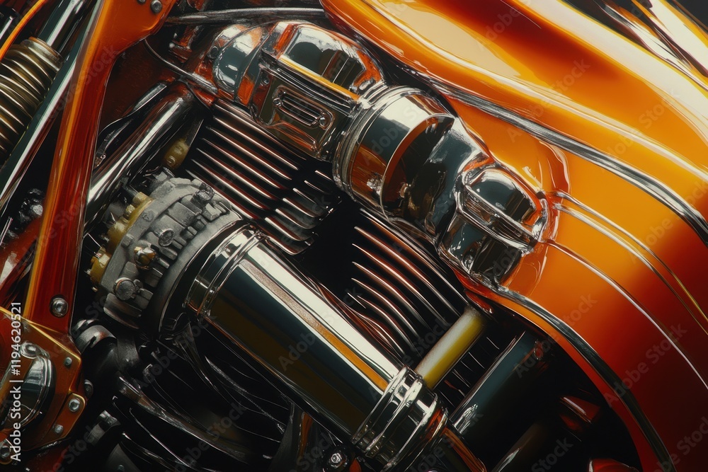 Fototapeta premium A close up of a motorcycle engine with a shiny, metallic finish