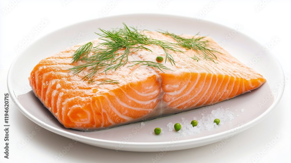 Raw salmon with dill and sea salt on a white plate. Perfect for seafood and healthy eating themes. Raw salmon with dill and sea salt on a white plate. Perfect for seafood and healthy eating themes.