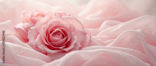 Banner for Valentine's Day, Mother' Day, Love. Rose flower on a draped soft pink silk fabric