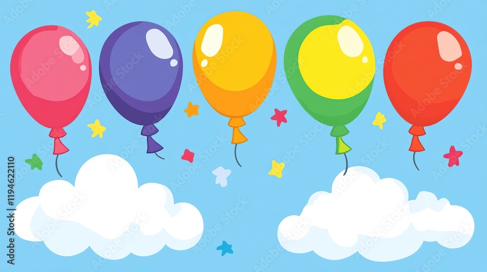 Colorful balloons floating above clouds and stars. Colorful balloons floating above clouds and stars.