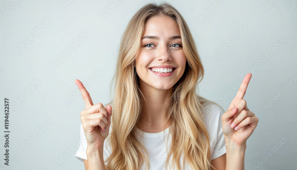 Smiling woman enthusiastically pointing with both hands, showcasing excitement and positivity in a neutral background Smiling woman enthusiastically pointing with both hands, showcasing excitement and positivity in a neutral background