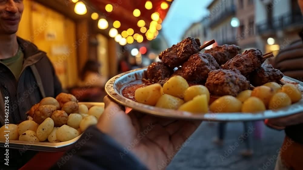 Brochetas de carne con papas en salsa servidas en un mercado nocturno