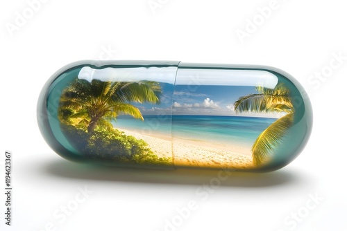 Creative concept of medicine capsules containing tropical landscapes, symbolizing relaxation and stress relief. Ideal for wellness campaigns, travel promotions, or imaginative advertising projects.