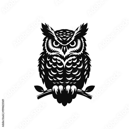 Horned Owl silhouette vector style" evokes a sleek, minimalist design featuring the distinct profile of a horned owl. The owl’s broad wings, sharp talons, and prominent.