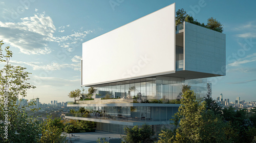 A large white blank billboard mounted on a sleek glass business building exterior, surrounded by a modern urban landscape and clear blue sky. photo