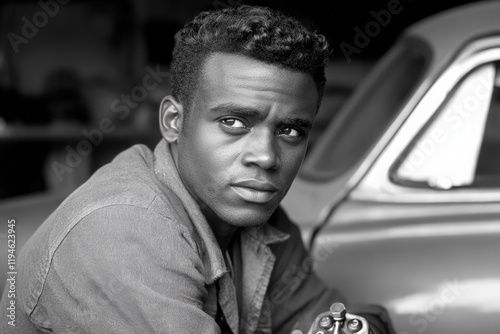 Black and white retro-style image of a young man posed beside a classic car, highlighting his contemplative expression, set in an old-fashioned garage environment. photo