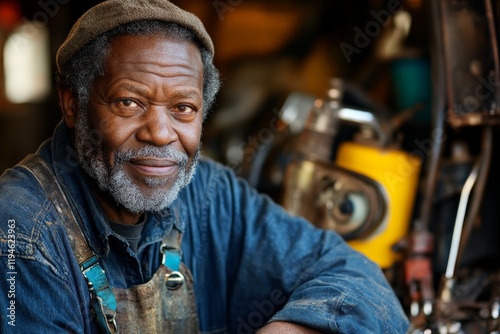Wallpaper Mural An elderly man with a warm smile and white beard in a cluttered workshop, wearing denim overalls, stands proudly among various automotive machinery and tools. Torontodigital.ca