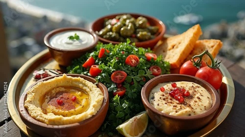 Plato de mezze con hummus, baba ganoush y tabulé servido al aire libre con vista al mar photo