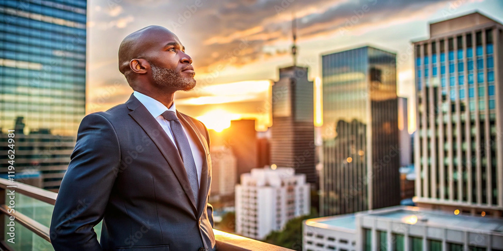 Fototapeta premium Confident businessman in suit stands on a balcony in front of a skyline at sunset. Perfect for business, success, and leadership themes.