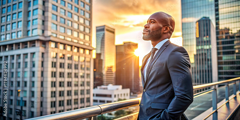 Fototapeta premium Confident businessman in suit stands on a balcony in front of a skyline at sunset. Perfect for business, success, and leadership themes.
