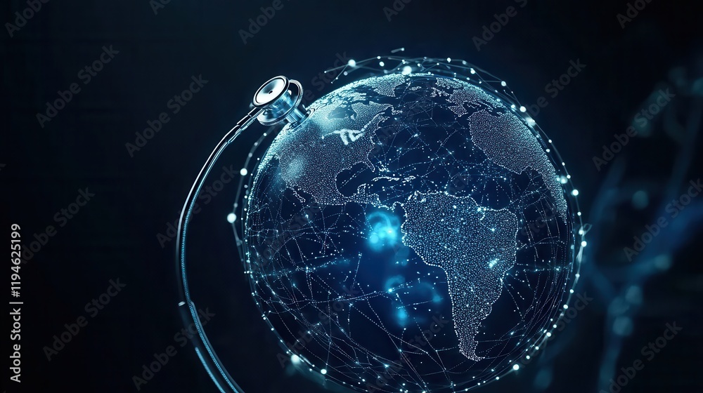 Obraz premium Glass globe with stethoscope on blue background,representing World Health Day, telemedicine business, and life insurance technology,Global Health Awareness,Save Earth,Green Earth Day,ESG.