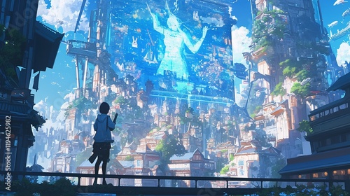 Person gazing at futuristic city with large digital display.