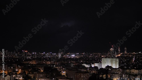 Wallpaper Mural Thunderstorm over Barcelona urban area. Extreme Lightning electrical flashes and thunderbold in clouds illuminate city and sea at night. Natural phenomena, climate, meteorology, and weather forecast. Torontodigital.ca