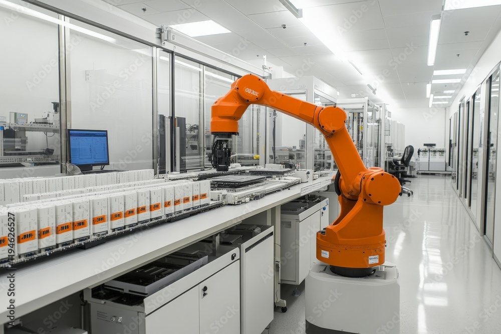 An advanced orange robotic arm stands ready in a pristine laboratory, showcasing the integration of cutting-edge technology in contemporary scientific environments. An advanced orange robotic arm stands ready in a pristine laboratory, showcasing the integration of cutting-edge technology in contemporary scientific environments.