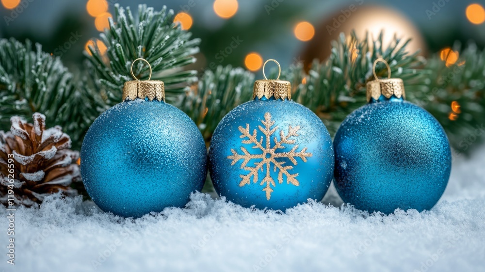 Sparkling Blue Christmas Ornaments on Snowy Surface Sparkling Blue Christmas Ornaments on Snowy Surface