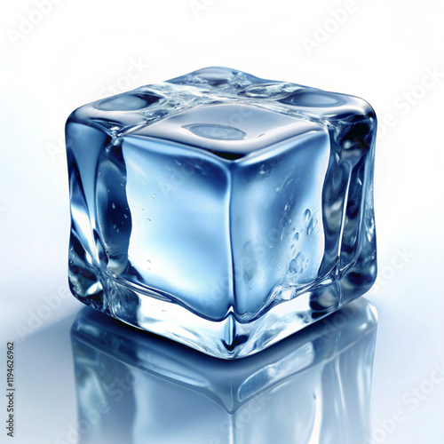 Hyper-realistic image of a single ice cube on a reflective surface, ideal for concepts like cold, purity, or freshness.