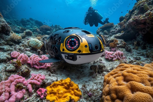 A sophisticated robotic submarine explores diverse marine habitats, capturing the vibrant ecosystem of the ocean's depths, emphasizing harmony between tech and nature.