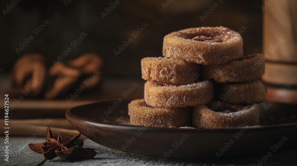 Cinnamon Sugar Cookies Stacked on a Dark Plate Cinnamon Sugar Cookies Stacked on a Dark Plate