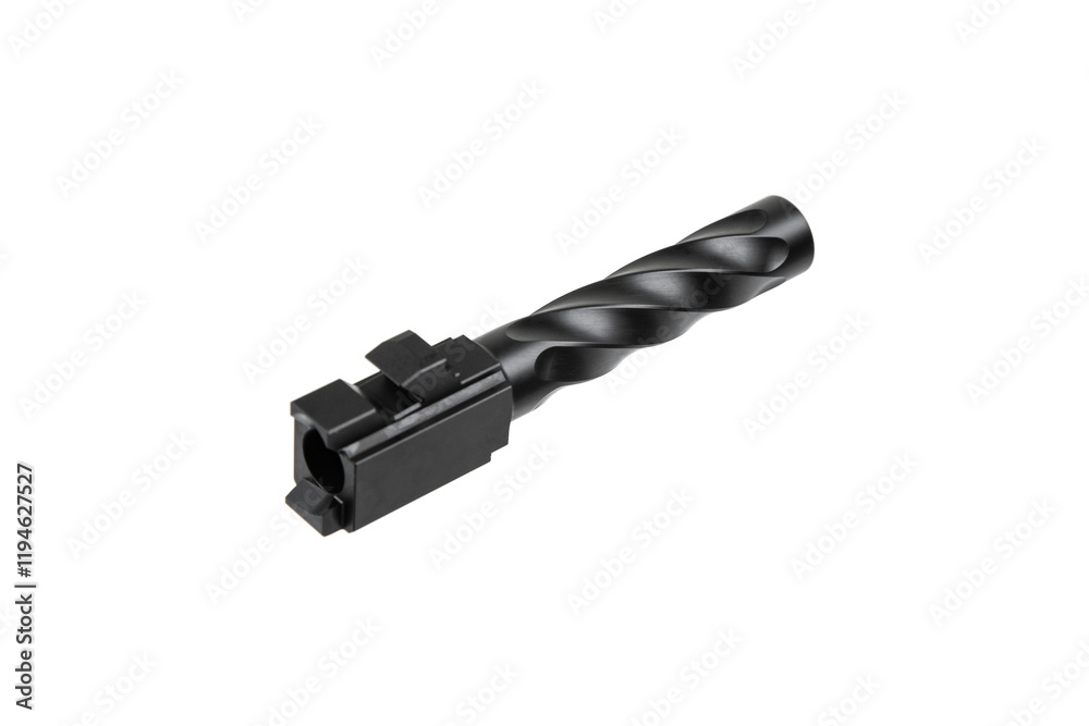 A black, twisted, precision-machined barrel for a 9x19mm firearm, showcasing a sleek and modern design, isolated on a white back A black, twisted, precision-machined barrel for a 9x19mm firearm, showcasing a sleek and modern design, isolated on a white back