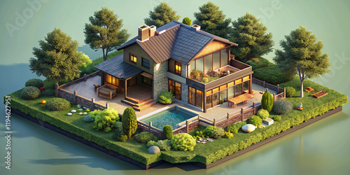 3D isometric illustration of a modern house with pool, trees, and garden on a small island, perfect for architecture or design concepts.