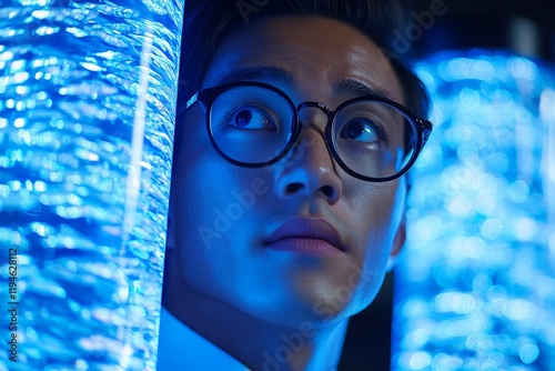 A young man wearing round glasses looks thoughtfully at a set of glowing blue cylinders, representing curiosity and discovery, with a touch of futurism. photo