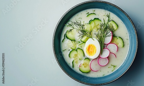 Refreshingly chilled Kholodny soup served in a blue bowl on a soft gray background, perfect for hot summer days photo